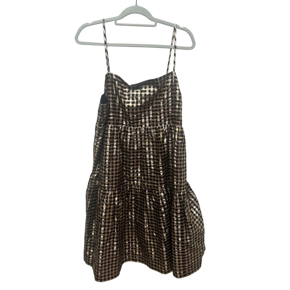 J.Crew Lurex Metallic Gingham Tiered Mini Dress Black 16 party picnic preppy - Picture 2 of 11